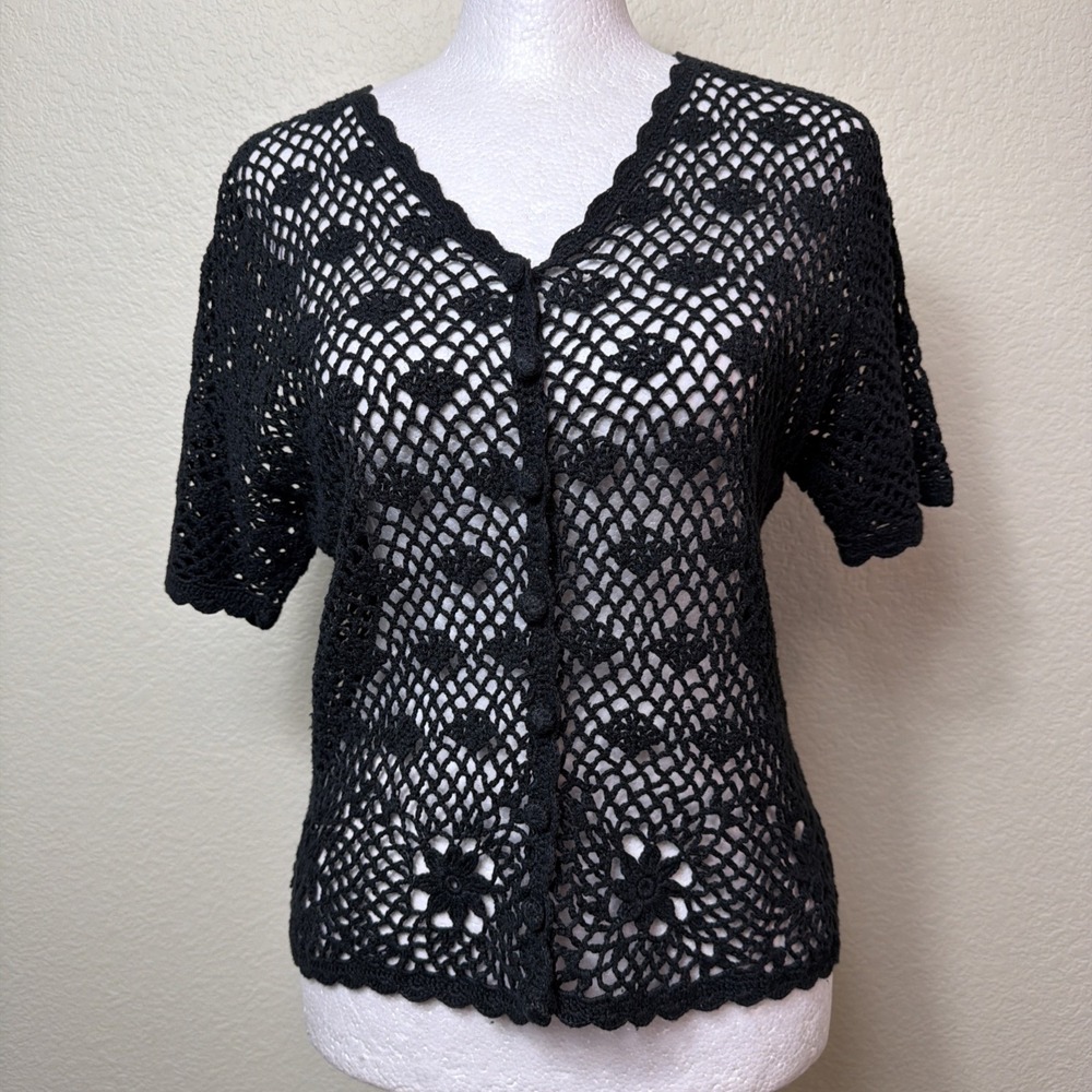 Laura Scott Cardigan Women S Black Crochet Open Knit Ramie Cotton Short Sleeve